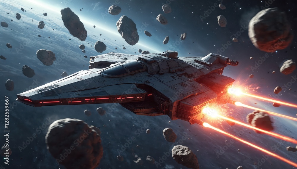 Poster spaceship fires lasers through asteroid field. space battle scene, science fiction adventure. spacec