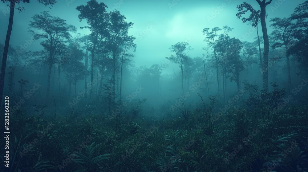 Poster misty forest path through dense trees