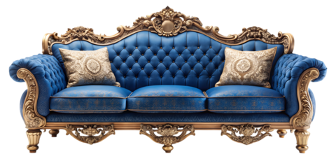 Opulent Comfort: An ornate, richly detailed sofa, boasting a striking combination of plush blue upholstery, intricate gold accents, and decorative throw pillows.