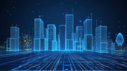 Digital Cityscape Wireframe Skyline at Night