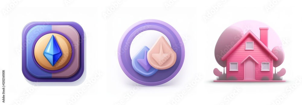 Poster three soft rounded 3d icons: a diamond shape in a square, overlapping arrows in a circle, and a pink