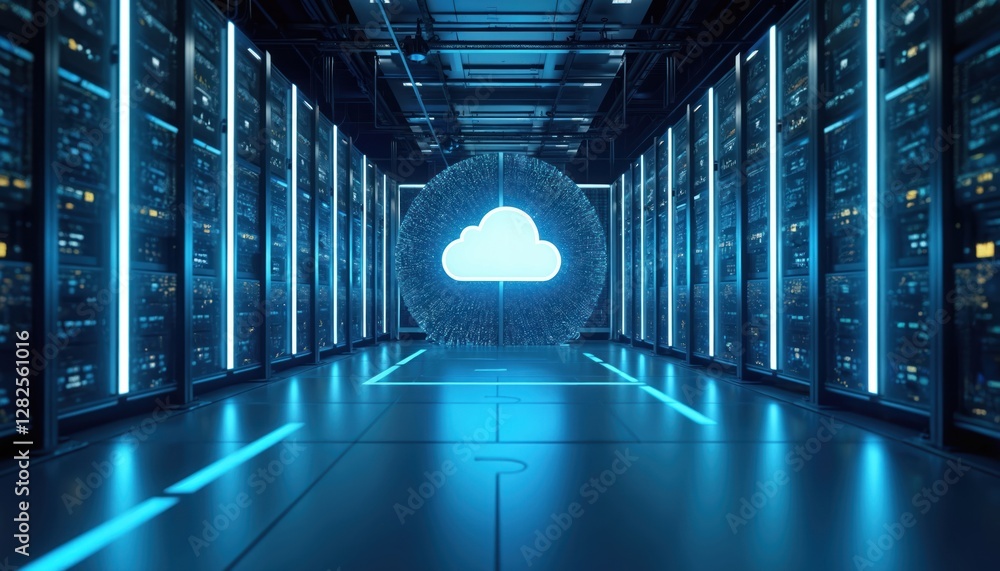 Poster Futuristic server room with neon lights illuminates rows of computer racks, cloud data storage, hardware. Cyberspace data center with networking infrastructure, modern computing, AI, information