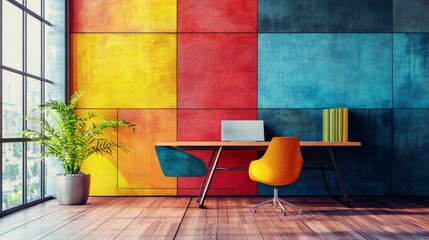 Modern Workspace with Colorful Wall and Stylish Furniture Design