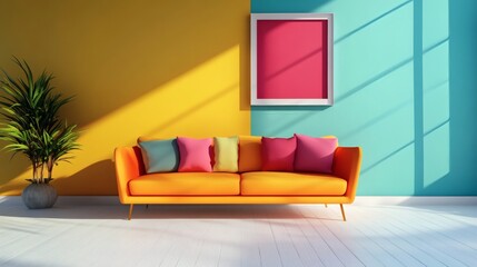 Bright and Colorful Living Room with Stylish Sofa and Artwork
