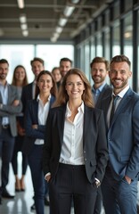 Fototapeta premium Group of happy successful business people stand in office. Men, women professionals, friendly team look at camera. Corporate employees in formal suits. Confident smiling colleagues together at work.