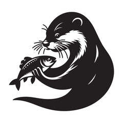 Otter holding a fish Silhouette Vector Illustration, Solid White Background.