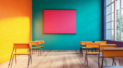 Colorful Classroom Interior with Empty Chairs and Bright Walls