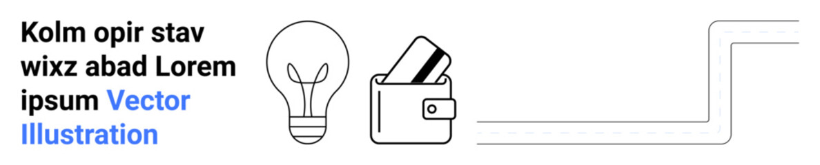 Lightbulb next to wallet holding cards, alongside placeholder text. Ideal for finance, innovation, payment methods, creativity, e-commerce, digital solutions business concepts. Landing page