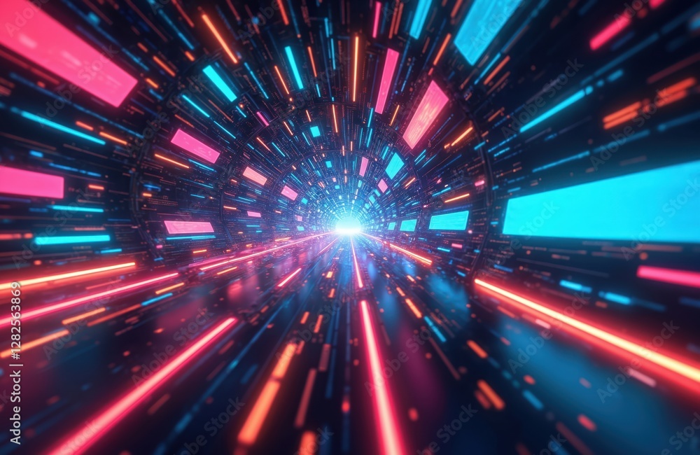 Aufkleber ultra futurist tech abstract background with neon light streaks tunnel. generative ai art. perspecti