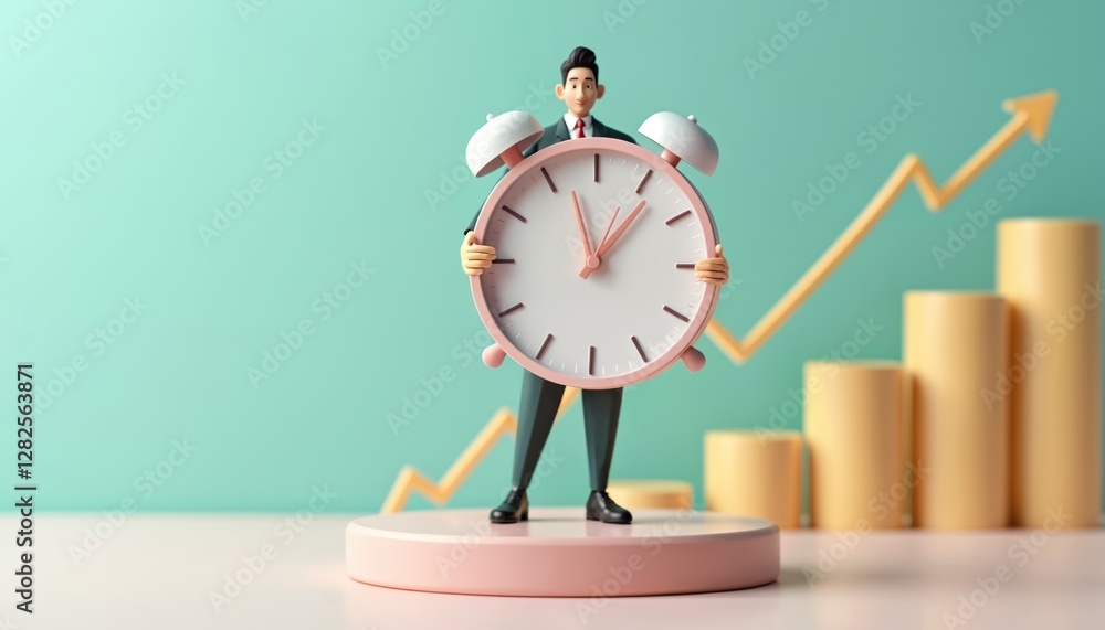Poster stylized 3d business man in suit holding clock in hands with rising graph on background. time is val