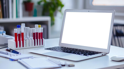 Blood test. Laptop mockup in the medical laboratory for the study of blood. There is an open laptop on the table, and next to it are test tubes with blood, a notebook, a mouse, etc.
