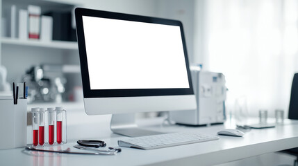 On the doctor's desk there is a computer monitor with a white blank screen, a keyboard, a mouse, test tubes with blood, etc. A mockup of a personal computer screen. 