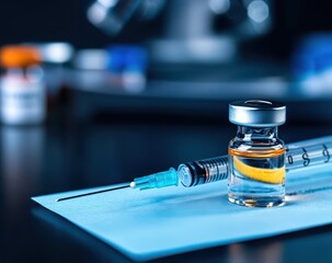 A close-up of a syringe and vaccine vial on a medical surface, showcasing essential tools for vaccinations and laboratory work.
