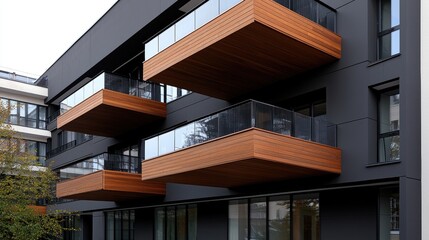 Obraz premium Modern apartment building with wooden balconies