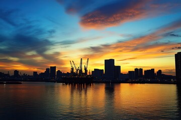 Fototapeta premium Sunset cityscape, harbor cranes, city skyline, industrial port, calm water, reflection