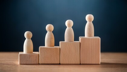 成長と成功の象徴：木製の人形とブロックで表現されたステップアップ