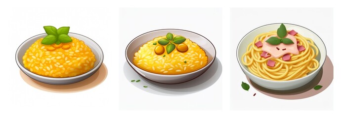 Three bowls of food are presented: risotto with basil, risotto with peas and basil, and spaghetti with sauce and basil, all in white bowls.