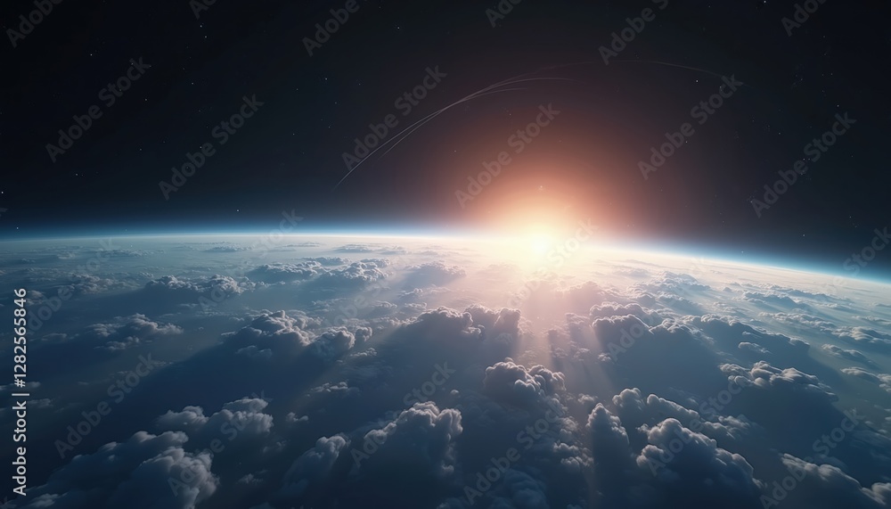 Poster Panorama of planet Earth view from space with cloudscape and stratosphere against setting sun light. Atmosphere natural wonder from above. Space exploration with stars.