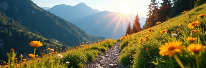 Sun-drenched mountain trail, wildflowers blooming, freedom, sky