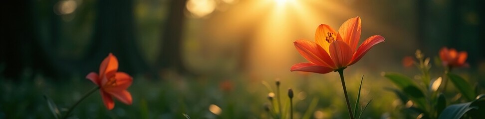 Fototapeta premium Sunlight filters through, a lone lily blooming, flowers, darkness, light