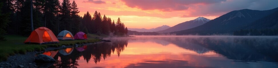 Fototapeta premium Sunrise paints tranquil lake, tents neatly lined on shore , shoreline, outdoor, calm