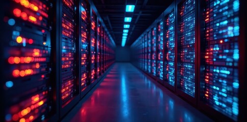 Bright lights illuminate powerful server racks; data streams visualized as glowing lines, cybersecurity, data, hardware
