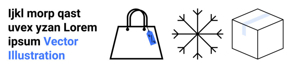 Shopping bag with tag, symmetrical snowflake, and cube box. Ideal for retail, e-commerce, winter sales, holiday marketing, shipment, minimal design flat landing page banner