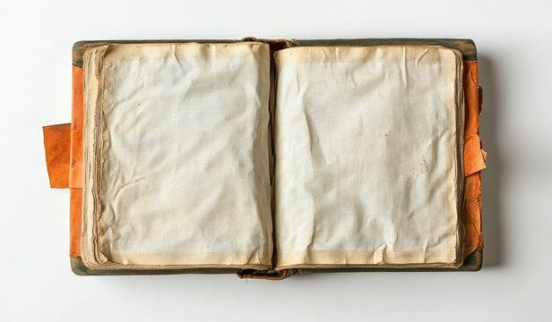 Antique book open, blank pages, white background, aged texture, scrapbook