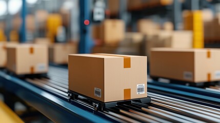 Efficient Global Trade Process in Shipping Industry Featuring Boxes on Conveyor Belt in Modern Warehouse Environment