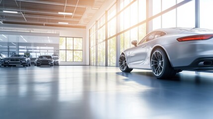 An empty dealership with sleek modern vehicles on display. Featuring a minimalist showroom