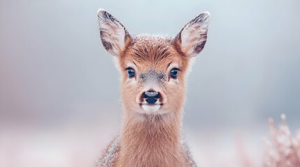 Obraz premium Young fawn looking directly at the camera in a misty winter field.