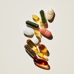 Pile of pills and capsules on a white surface with health supplements magazine in realistic photography
