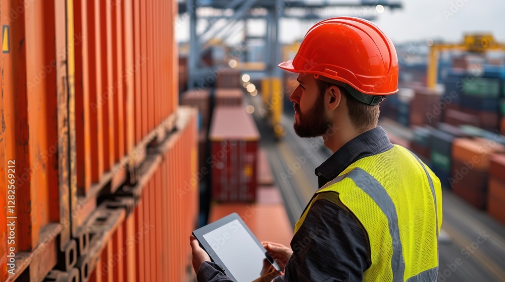 Poster a focused worker using a tablet to manage shipping operations in a global trade and commerce environ