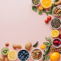 Various fruits and nuts arranged on a pink background with health tracking magazine for healthy lifestyle theme
