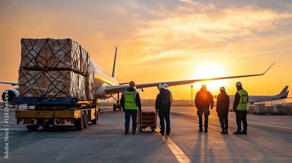 Poster global trade in action: cargo loading procedures at sunset with workers collaborating on shipping op
