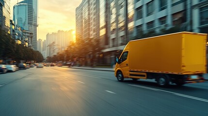 Obraz premium Dynamic Yellow Delivery Truck in Urban Setting at Sunset Symbolizing Global Trade, Commerce, and Shipping Industry Activities