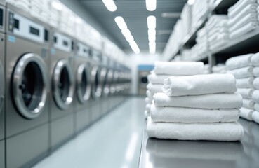 Image shows pro laundry service with clean white folded linens, towels. Industrial washing machines on background in laundromat. Commercial cleaning, ironing, pressing for hotels, hospitals,