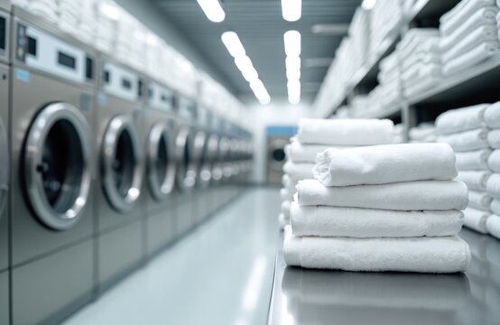 Image shows pro laundry service with clean white folded linens, towels. Industrial washing machines on background in laundromat. Commercial cleaning, ironing, pressing for hotels, hospitals,