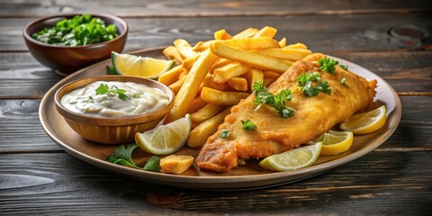 A golden brown plate of fish and chips with crispy french fries surrounded by a side of tangy tartar sauce