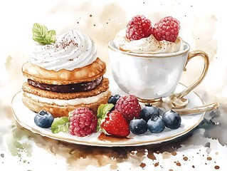 Watercolor Dessert with Coffee Cup and Berries