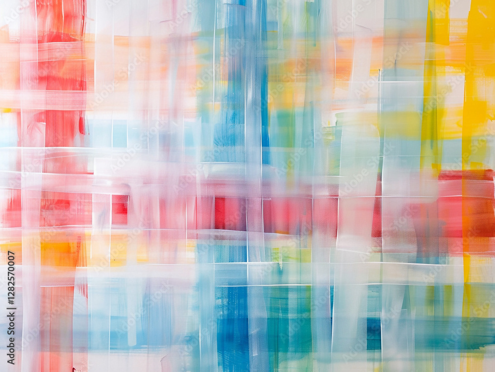 Poster an abstract oil painting featuring overlapping translucent rectangles in various pastel and vibrant 