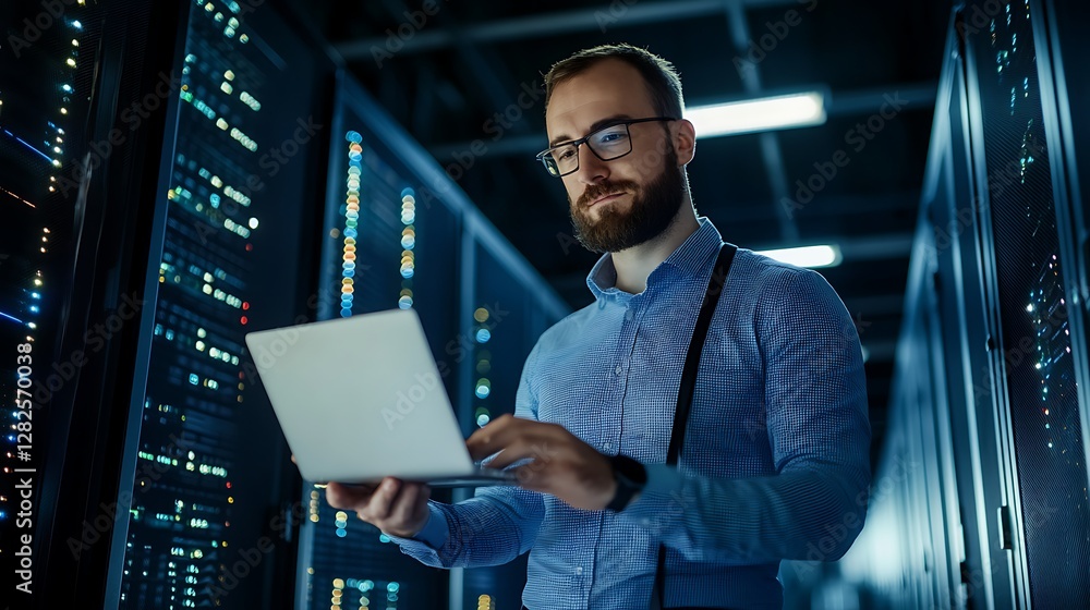Poster it technician working on network servers in a data center environment