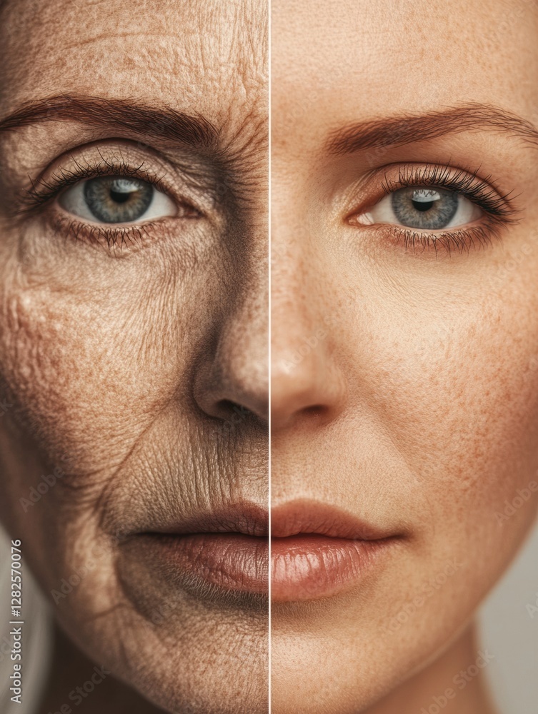 Leinwandbilder transformation of facial appearance showing aging on the left and youthful glow on the right side of