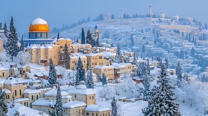 Fototapeta premium Snowy Jerusalem Dome winter sunrise
