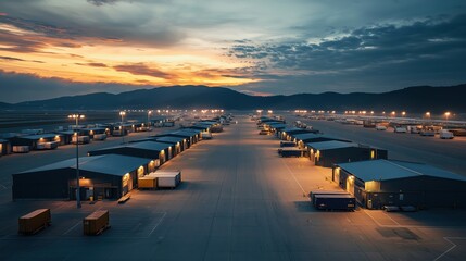 Obraz premium Aerial View of Shipping Containers and Warehouses at Dawn on a Global Trade Hub with Vibrant Sky and Industrial Infrastructure