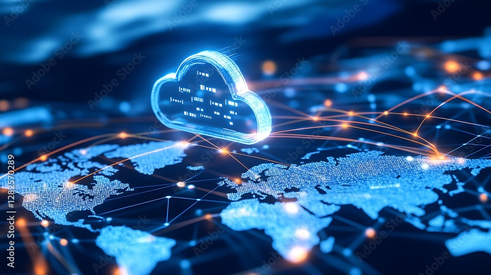 Poster digital cloud computing concept over a global network with data connections