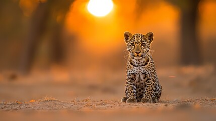 A majestic leopard cub sits gracefully against a golden sunset backdrop.