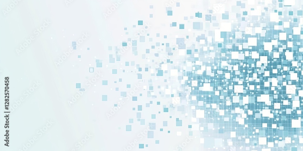 Poster abstract blue square pixels exploding; light background; digital art; website banner