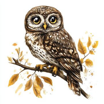 Cute owl perched on a branch design for T-shirt POD print on demand on white background