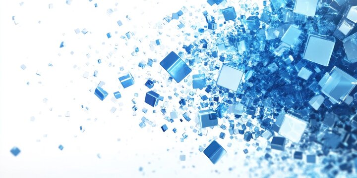 Fototapeta Blue cubes explode, white background, digital art, tech concept